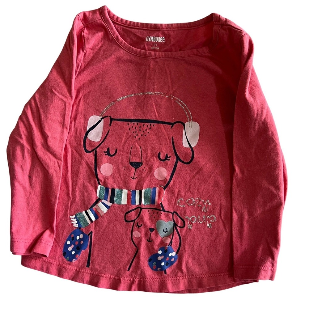 Gymboree Graphic Tee 2T Pink Excellent Long Sleeve Winter Dog Glitter Cozy Pup
